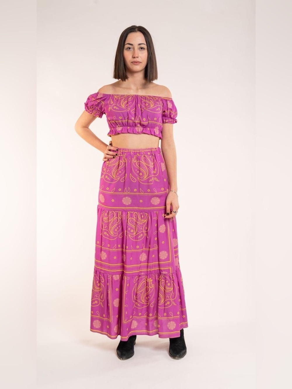 New! Benevierre Boho Fuchsia + Yellow Paisley Tiered Maxi Skirt  + Top 💕 XS Set - Picture 2 of 16